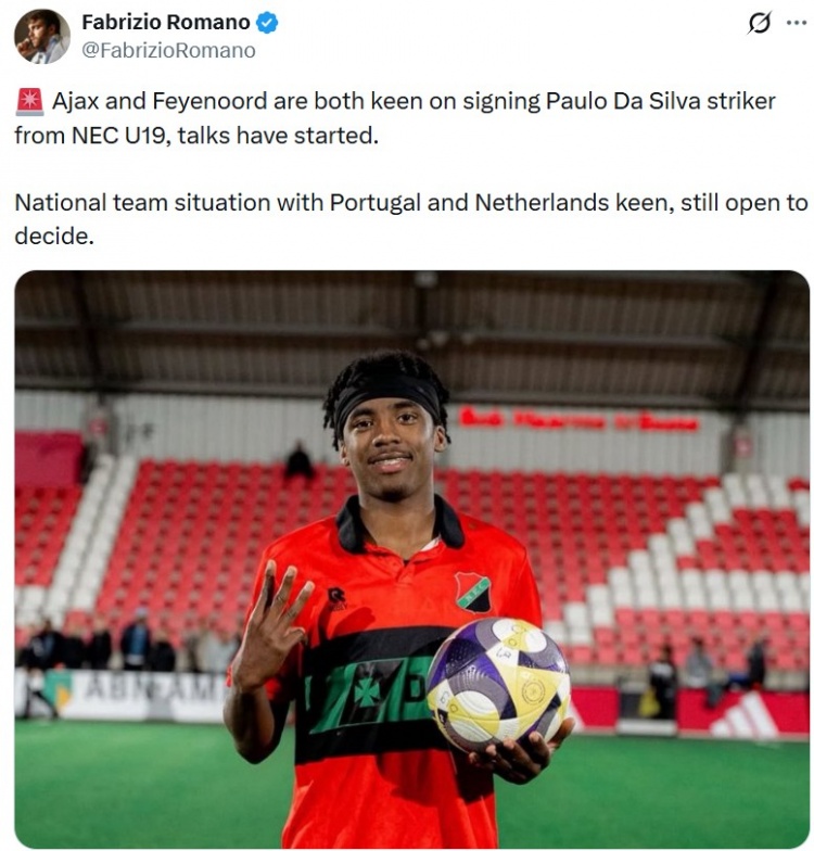 pg电子app-罗马诺：阿贾克斯、费耶诺德有意锋线小将保罗·达席尔瓦